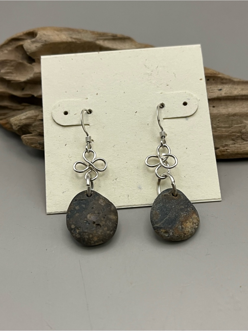 Handmade Sterling Silver Celtic Knot Natural Beach Stone Dangle Earrings - Picture 3 of 4